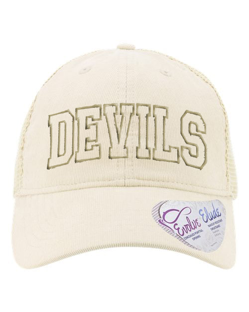 Corduroy Ponytail Hat with Embroidered Devils